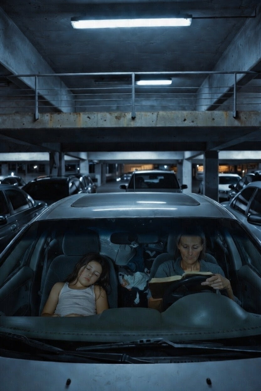 A mother and child spending the night in a parked vehicle