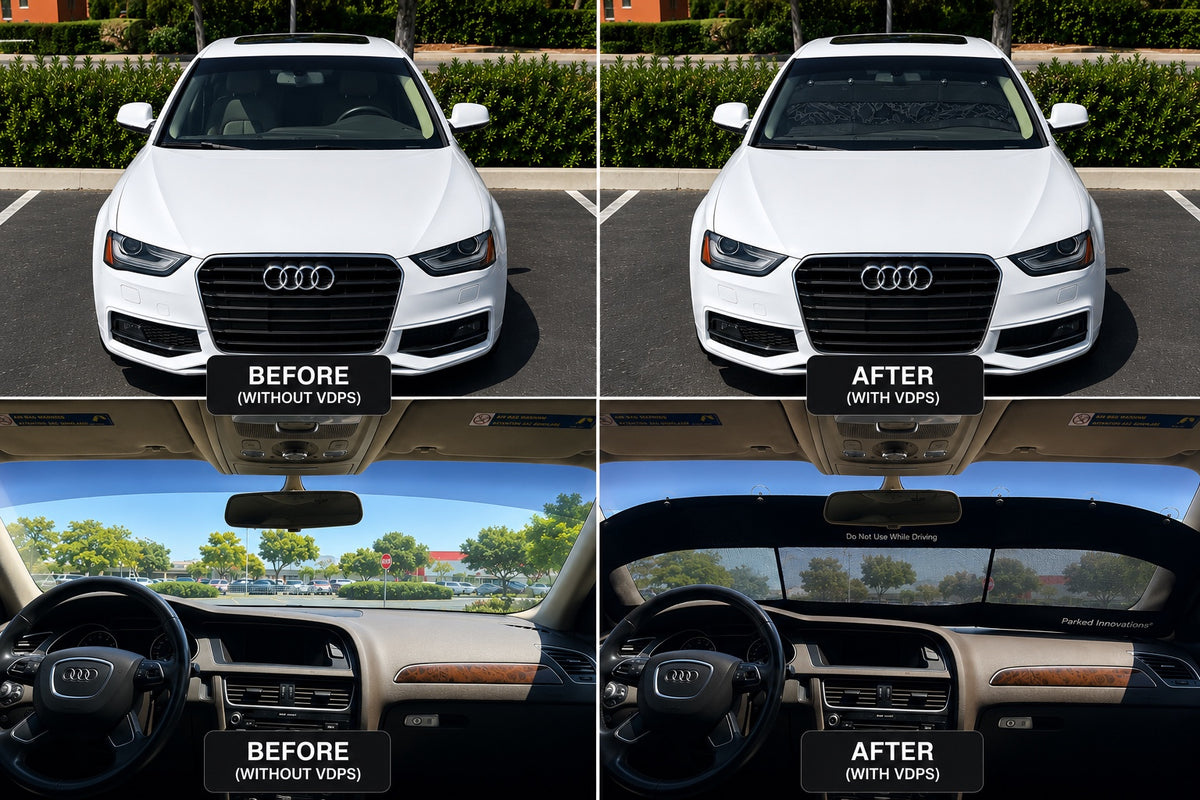 Before and after comparison of the Vehicle Dash Privacy Shield viewed from outside and inside a parked vehicle